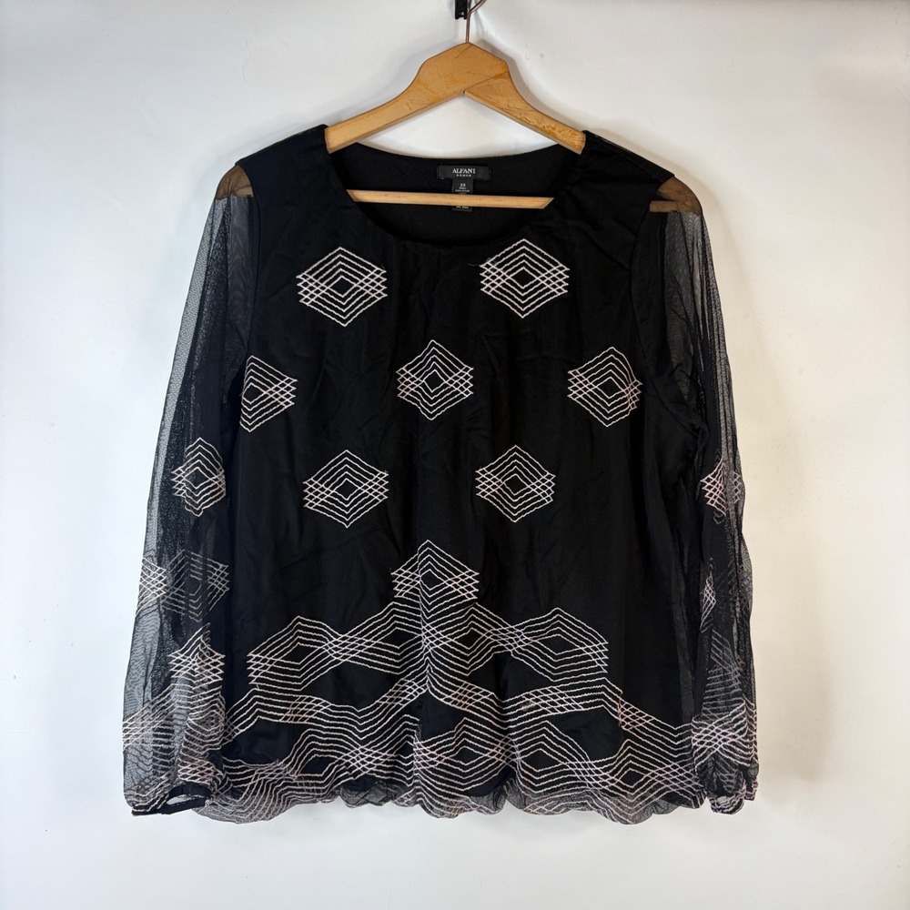 Alfani Black Sheer Embroidered Geometric Blouse